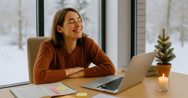 Young academic woman leaning back smiling at her desk with winter landscape outside, laptop, books, and candle.