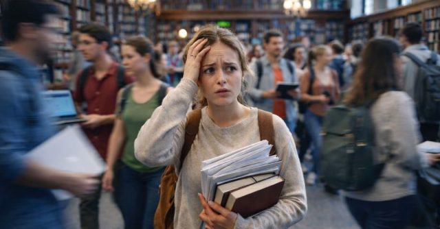 PhD student standing in a busy university library