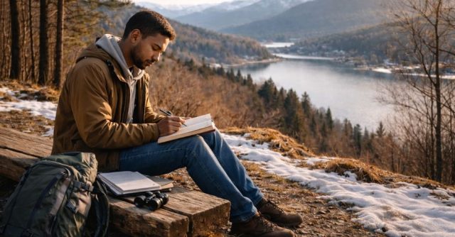 Male PhD researcher sitting outdoors by a winter lake, writing in a notebook with field materials beside him, reflecting in natural light.