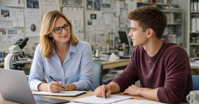 Female PhD supervisor discussing research notes with a male doctoral student in a university lab, surrounded by books, papers, and scientific equipment.