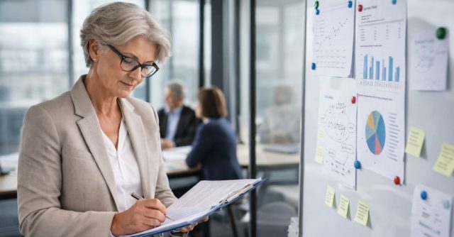 Senior female academic reviewing documents on a clipboard beside a board with charts during a university meeting.