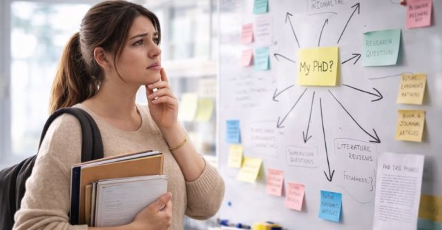 PhD student looking concerned at research planning board with ‘My PhD?’ and multiple directions, illustrating feeling stuck and lack of clarity.