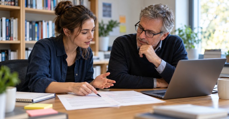 PhD supervisor and doctoral researcher discussing an annotated printed manuscript at a desk with an open laptop in a university office.